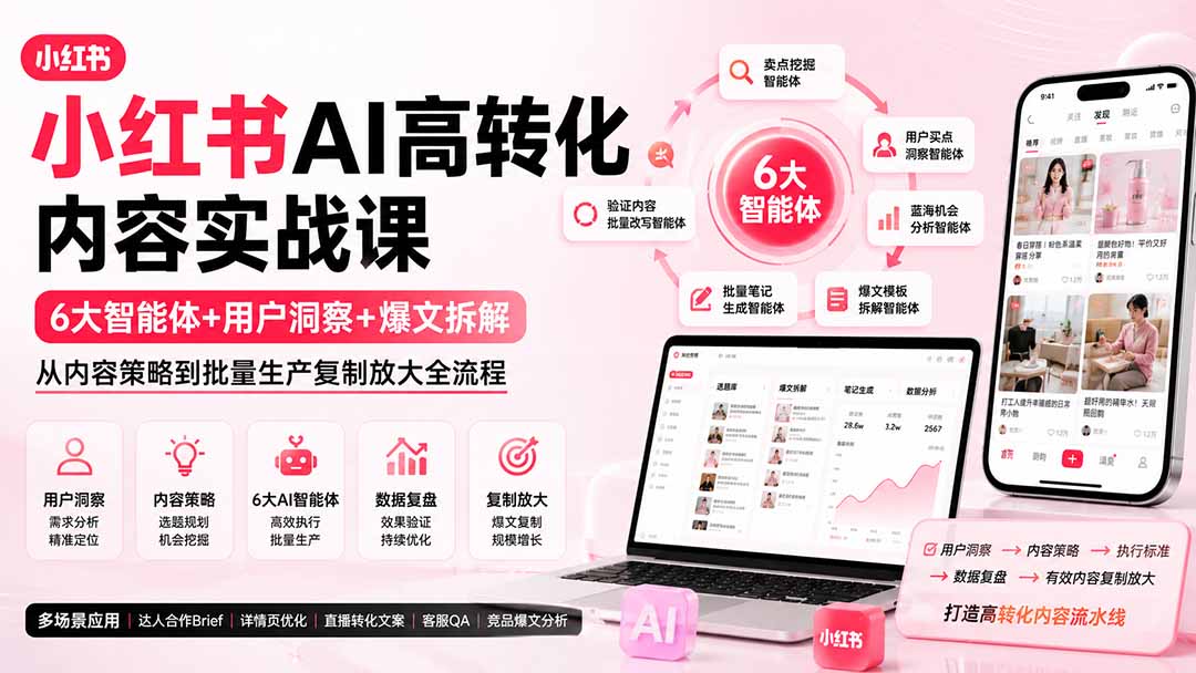 小红书AI高转化内容实战课：6大智能体+用户洞察+爆文拆解，从内容策略到批量生产复制放大全流程-985网创