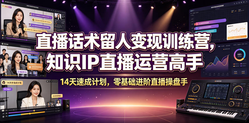 直播话术留人变现训练营，知识IP直播运营高手，14天速成计划，零基础进阶直播操盘手-985网创