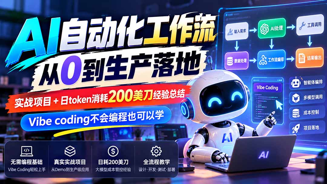 【无水印】AI自动化工作流从0到生产落地，实战项目+日token消耗200美刀经验总结，Vibe coding不会编程也可以学-985网创