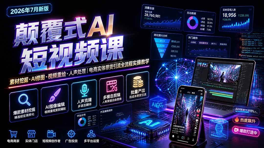（19630期）颠覆式AI短视频课｜素材挖掘，AI修图，视频重绘，人声处理｜电商实体带货引流全流程实操教学-985网创