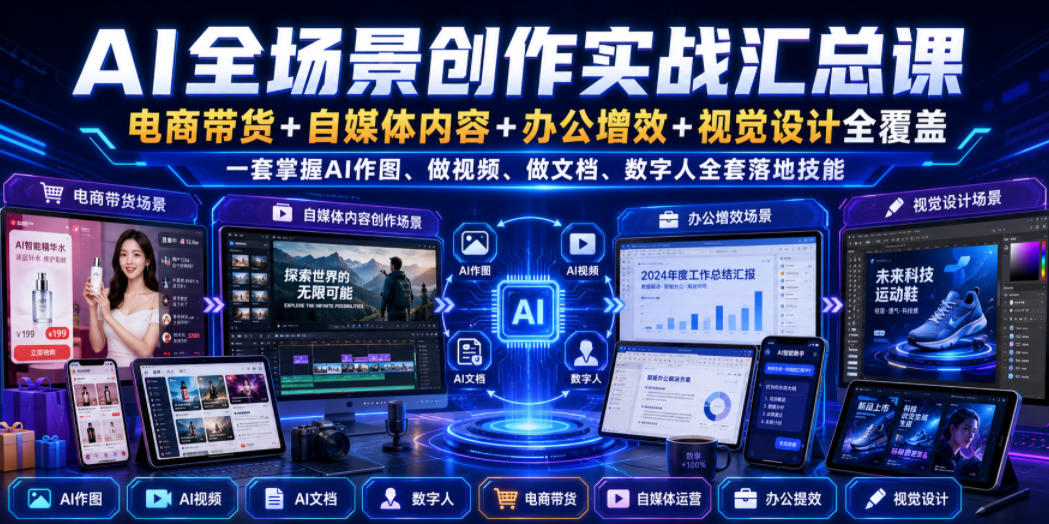 AI全场景创作实战汇总课｜电商带货+自媒体内容+办公增效+视觉设计全覆盖，一套掌握AI作图、做视频、做文档、数字人全套落地技能-985网创