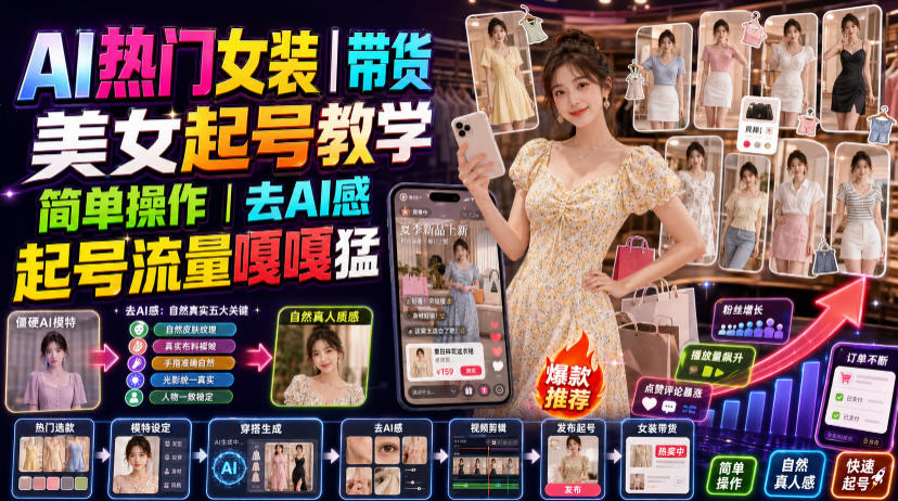 AI热门女装带货丨美女起号教学，简单操作，去AI感，起号流量嘎嘎猛-985网创
