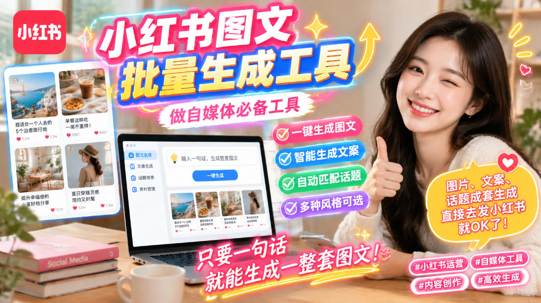 小红书图文批量生成工具，话题、文案、配图一键生成，直接发布，做自媒体必备工具-985网创