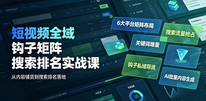 短视频全域钩子矩阵搜索排名实战课｜6大平台矩阵布局、关键词堆量抢占搜索流量、钩子私域导流、AI批量内容生成-985网创