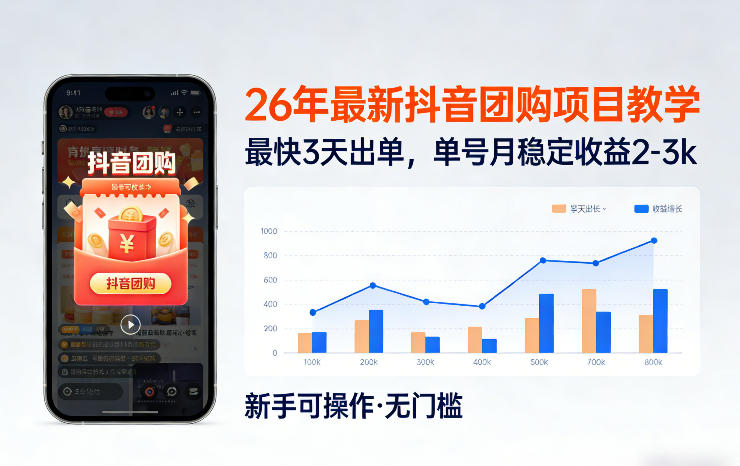26年最新抖音团购项目教学，0门槛，最快3天出单，单号月稳定收益2-3k(更新3月19日)-985网创