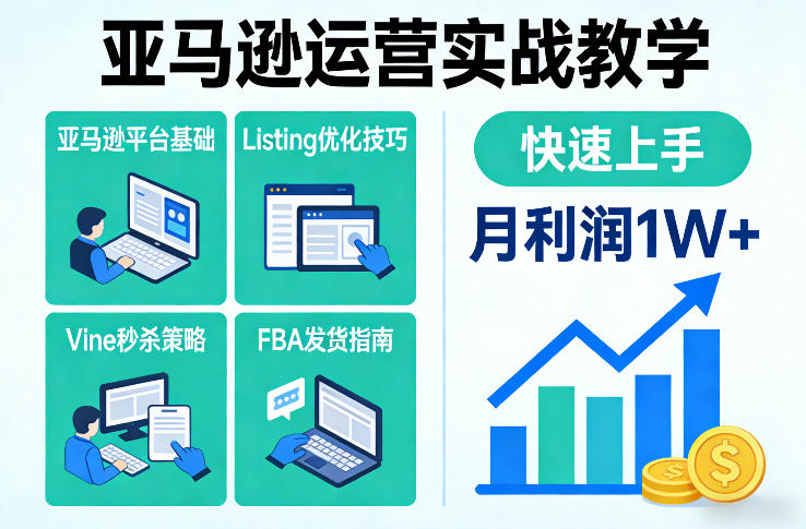 亚马逊运营实战教学，亚马逊平台+Listing优化+Vine秒杀+FBA发货等，快速上手，实现店铺月利润1W-985网创