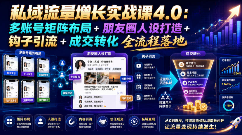 私域流量增长实战课4.0：多账号矩阵布局+朋友圈人设打造+钩子引流+成交转化全流程落地-985网创