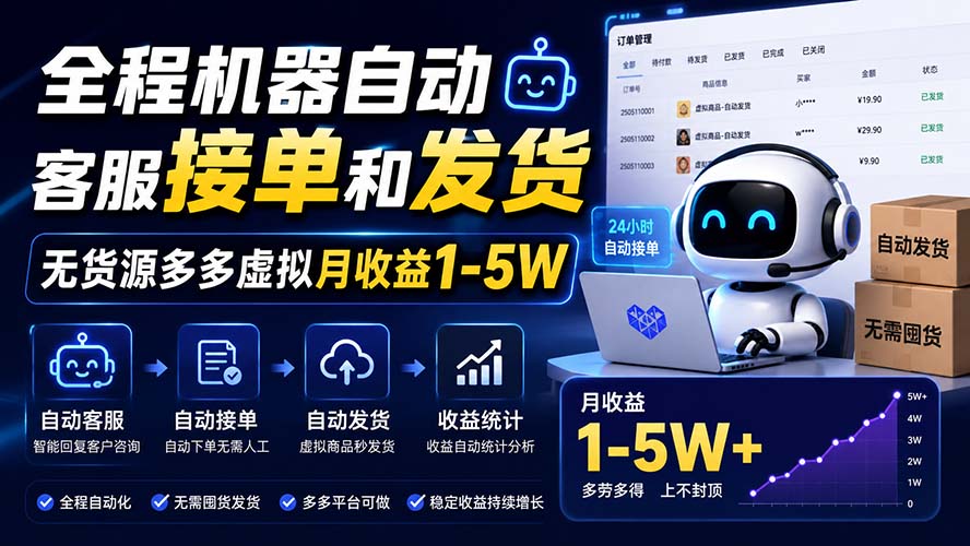 全程机器自动客服接单和发货，无货源多多虚拟月收益1-5W-985网创
