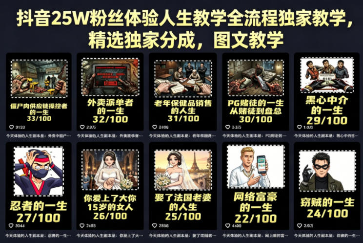 抖音25W粉丝体验人生教学全流程独家教学，精选独家分成，图文教学-985网创