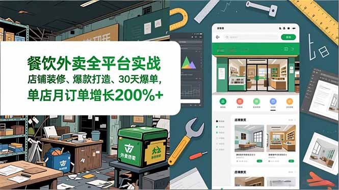 餐饮外卖全平台实战，店铺装修、爆款打造、30天爆单，手把手教学，单店月订单增长200%+-985网创