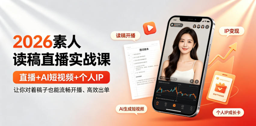 2026素人读稿直播实战课｜直播+AI短视频+个人IP，让你对着稿子也能流畅开播、高效出单-985网创
