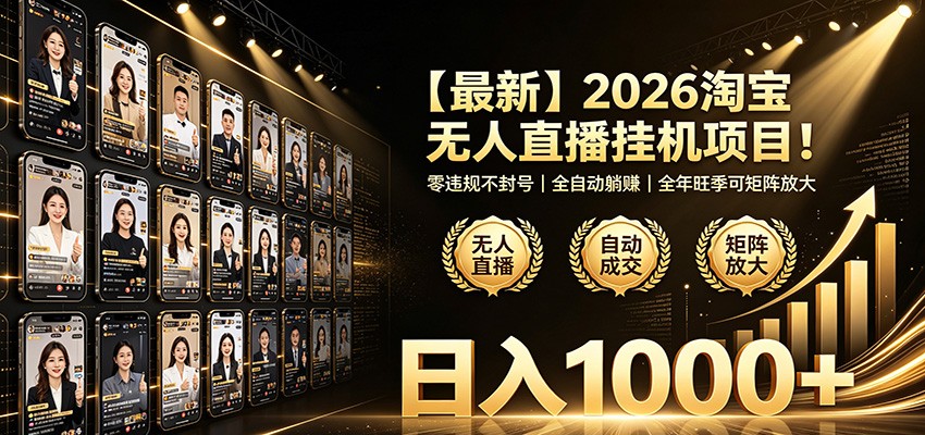 最新2026淘宝无人直播挂机项目！零违规不封号，全自动躺赚，日入1000+-985网创