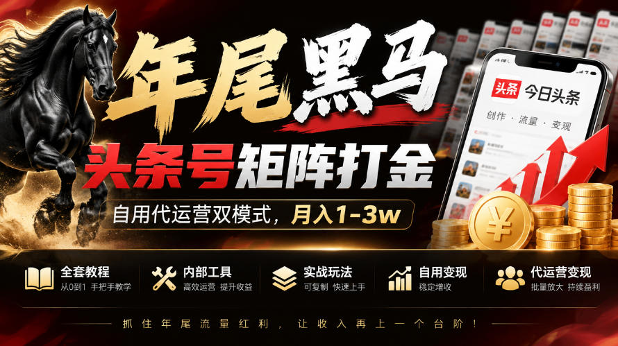 【年尾黑马】头条号矩阵打金，自用代运营双模式，月入1-3w，附全套教程及内部工具【揭秘】-985网创