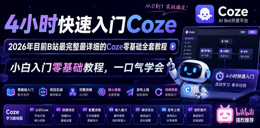 4小时快速入门Coze！2026年目前B站最完整最详细的Coze零基础全套教程，小白入门零基础教程，一口气学会！-985网创
