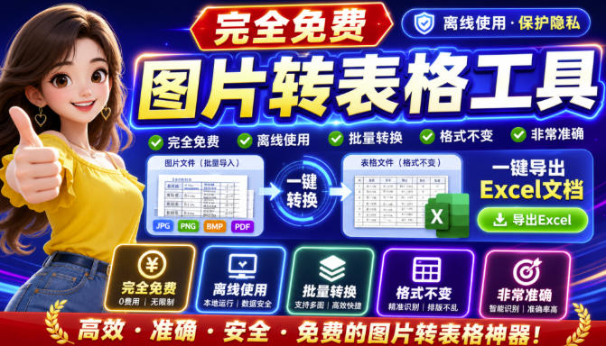 图片表格识别提取工具，支持一键从图片中智能提取表格并导出Excel文件，可离线免网运行，FastTableOCR-985网创