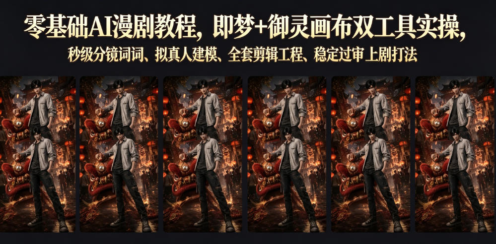 零基础AI漫剧教程，即梦+御灵画布双工具实操，秒级分镜提示词、拟真人建模、全套剪辑工程、稳定过审上剧打法-985网创
