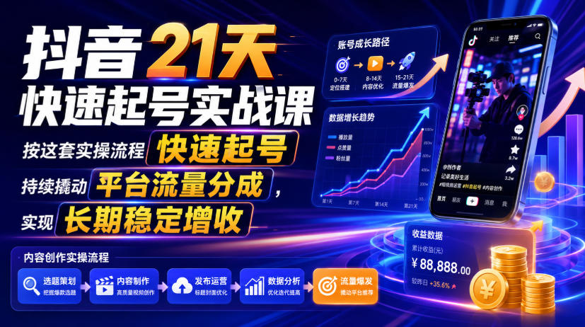 抖音21天快速起号实战课，按这套实操流程快速起号，持续撬动平台流量分成，实现长期稳定增收-985网创