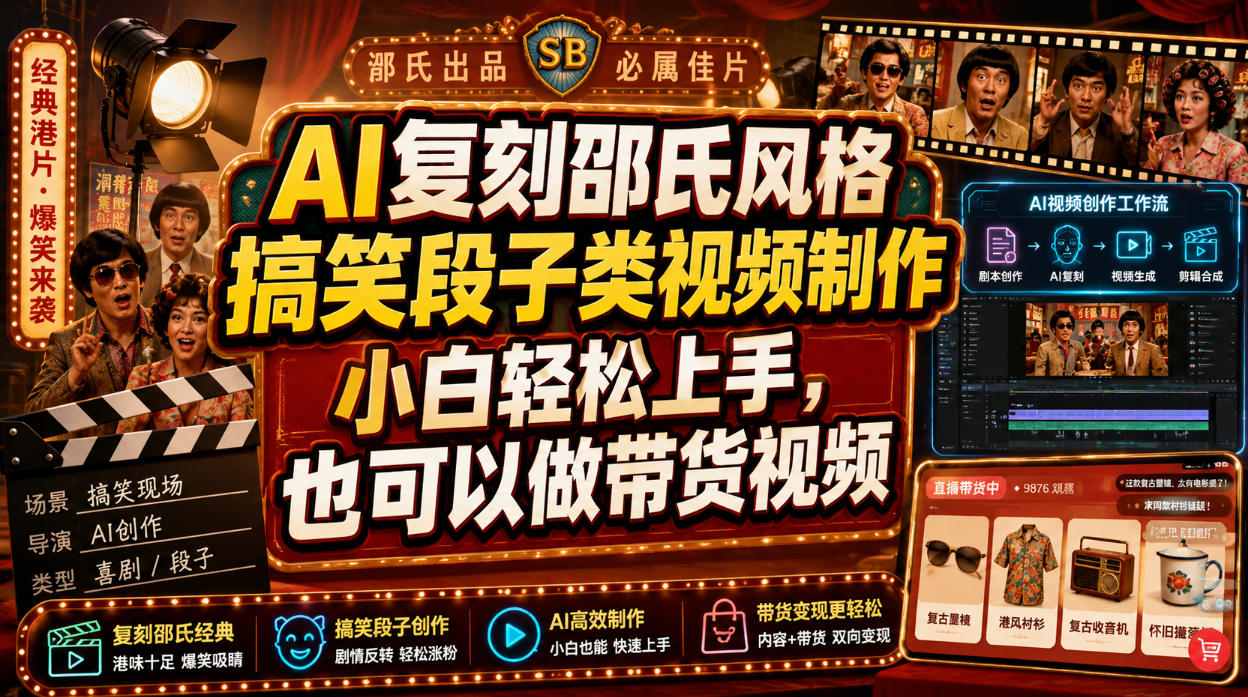 AI复刻邵氏风格搞笑段子类视频制作，小白轻松上手，也可以做带货视频-985网创