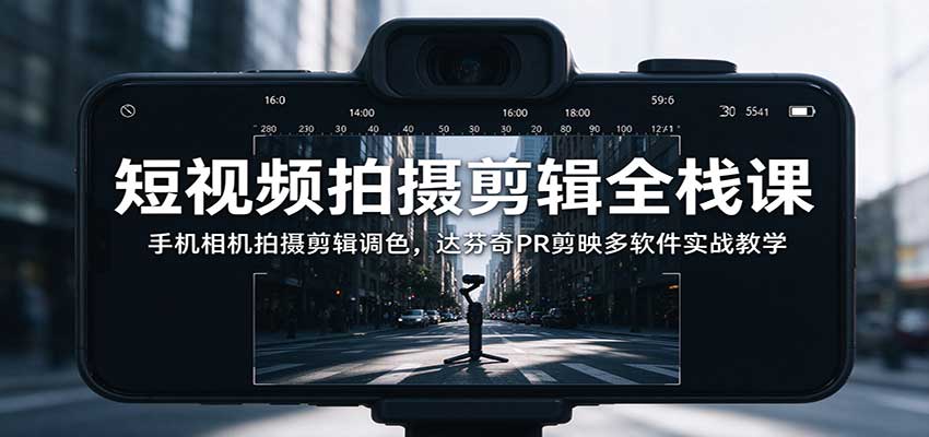 短视频拍摄剪辑全栈课：手机相机拍摄剪辑调色，达芬奇PR剪映多软件实战教学-985网创