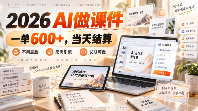 2026 AI做课件，一单600+，当天结算，不用露脸，无需引流，长期可做【揭秘】-985网创