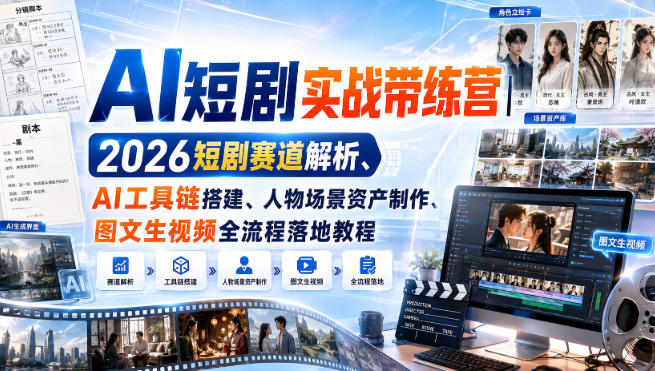 AI短剧实战带练营｜2026短剧赛道解析、AI工具链搭建、人物场景资产制作、图文生视频全流程落地教程-985网创