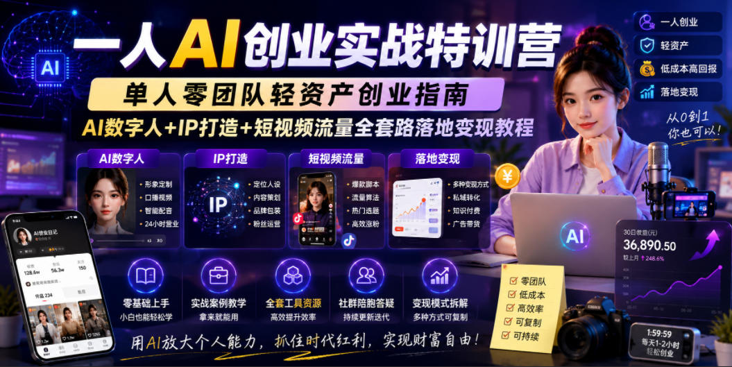 一人AI创业实战特训营，单人零团队轻资产创业指南，AI数字人+IP打造+短视频流量全套路落地变现教程-985网创