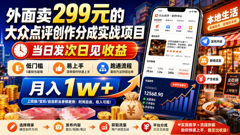 外面卖299元的大众点评创作分成实战项目，当日发次日见收益，低门槛易上手，跑通流程月入1w+-985网创