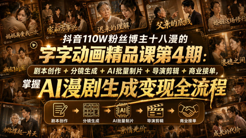 抖音110W粉丝博主十八漫的字字动画精品课第4期：剧本创作+分镜生成+剪辑+商业接单，掌握AI漫剧生成变现全流程-985网创