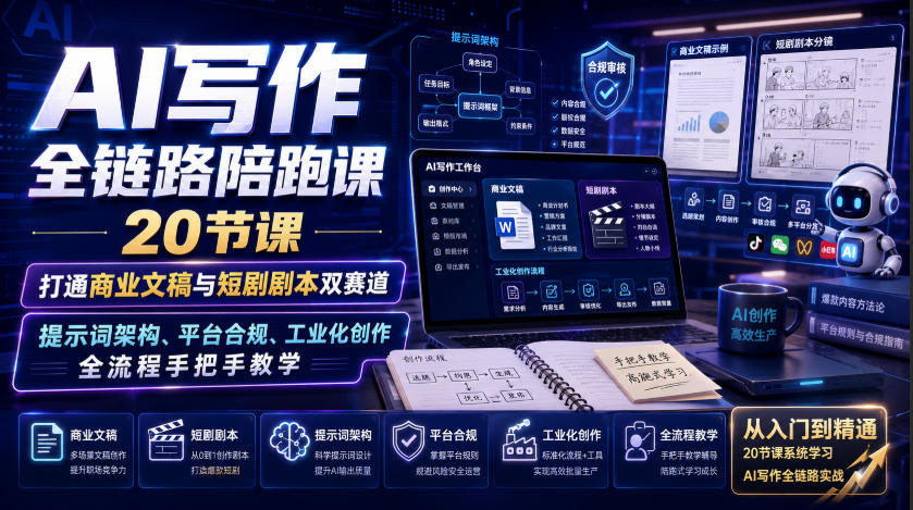 AI写作全链路陪跑课｜20节课打通商业文稿与短剧剧本双赛道，提示词架构、平台合规、工业化创作全流程手把手教学-985网创