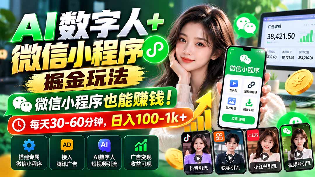 AI数字人+微信小程序掘金玩法：微信小程序也能赚钱！每天30-60分钟，日入100-1k+-985网创
