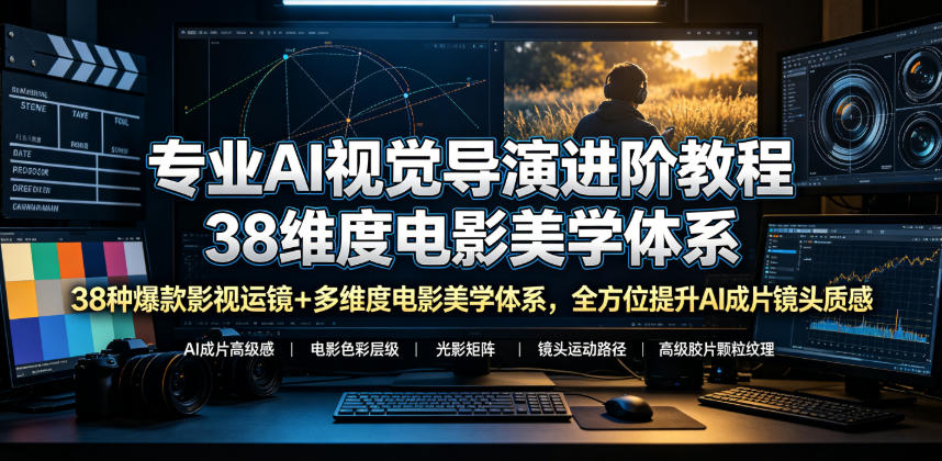 专业AI视觉导演进阶教程，38种爆款影视运镜+多维度电影美学体系，全方位提升AI成片高级感与镜头质感-985网创