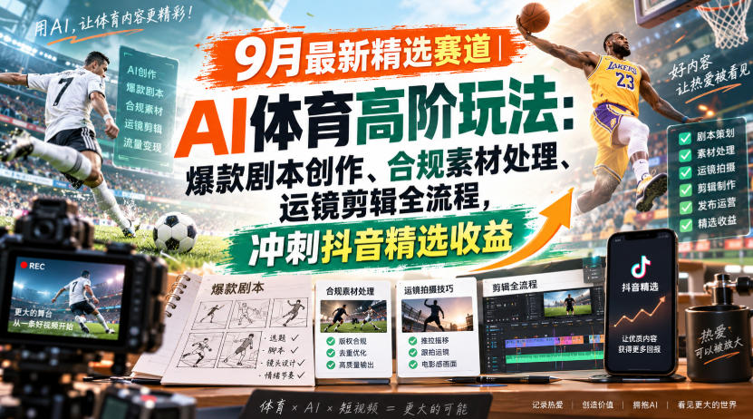某大佬的9月最新精选赛道之AI体育顶级玩法，爆款剧本创作、版权规避、运镜剪辑全流程，稳拿抖音精选收益-985网创