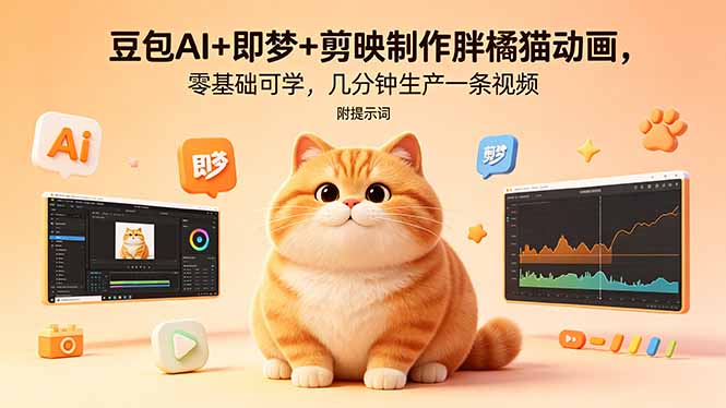 豆包AI+即梦+剪映制作胖橘猫动画，零基础可学，几分钟生产一条视频，附提示词-985网创