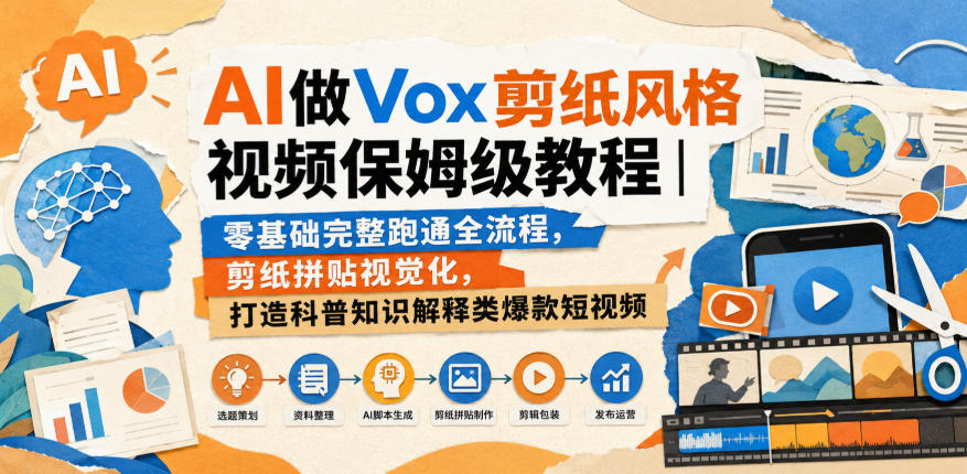 AI做Vox剪纸风格视频保姆级教程｜零基础完整跑通全流程，剪纸拼贴视觉化，打造科普知识解释类爆款短视频-985网创