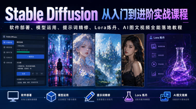 Stable Diffusion从入门到进阶实战课程｜软件部署、模型运用、提示词精修、Lora炼丹、AI图文视频全能落地教程-985网创
