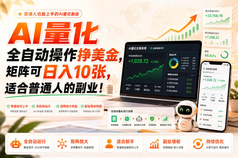 AI量化全自动操作挣美金，矩阵可日入10张，适合普通人的副业！【揭秘】-985网创