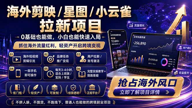 海外剪映 / 星图 / 小云雀拉新项目 普通人也能上手的跨境流量变现副业-985网创
