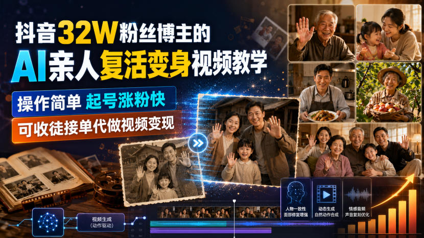抖音32W粉丝博主的AI亲人复活变身视频教学，操作简单，起号涨粉快，可收徒接单代做视频变现-985网创