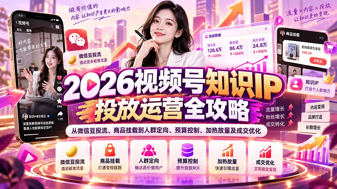 2026视频号知识IP投放运营全攻略：从微信豆投流、商品挂载到人群定向、预算控制、加热放量及成交优化-985网创