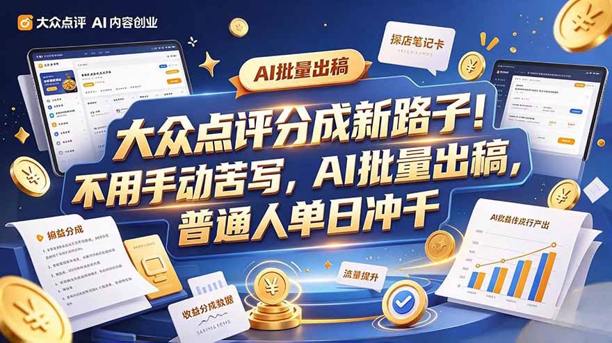 大众点评副业新玩法，工具提效解放双手，批量做笔记，单日可破千-985网创