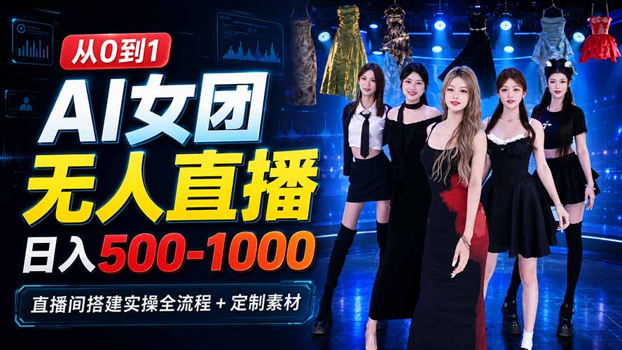 AI 女团无人直播，躺入500-1000每天，直播间搭建实操全流程+定制素材-985网创