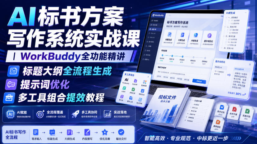 AI标书方案写作系统实战课｜WorkBuddy全功能精讲・标题大纲全流程生成・提示词优化・多工具组合提效教程-985网创