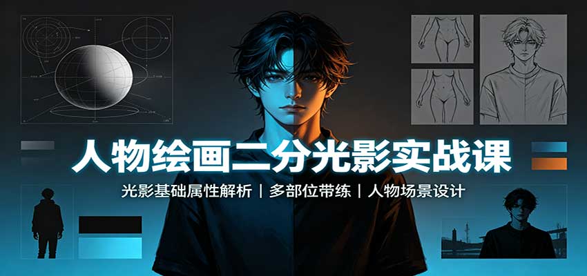 人物绘画二分光影实战课：光影基础属性解析，多部位带练，人物场景设计-985网创