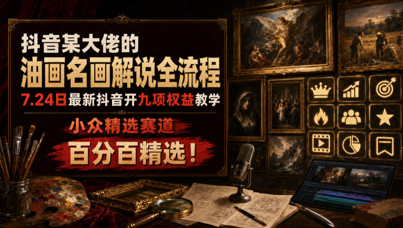 抖音某大佬的油画名画解说全流程，7.24日最新抖音开九项权益教学，小众精选赛道，百分百精选！-985网创
