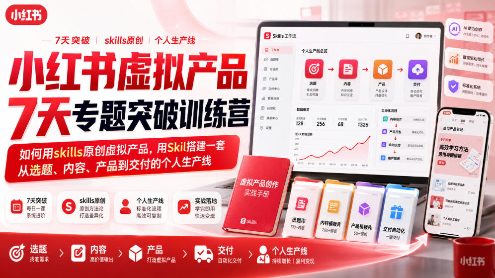 小红书虚拟产品7天专题突破训练营，如何用skills原创虚拟产品，用Skil搭建一套从选题、内容、产品到交付的个人生产线-985网创
