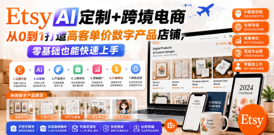 Etsy AI定制+跨境电商，从0到1打造高客单价数字产品店铺，零基础也能快速上手-985网创
