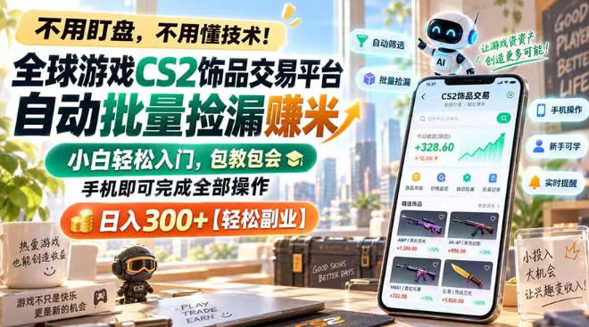 全球游戏CS2饰品交易平台自动批量捡漏賺米，小白轻松入门，包教包会，手机即可完成全部操作，日入300+【揭秘】-985网创