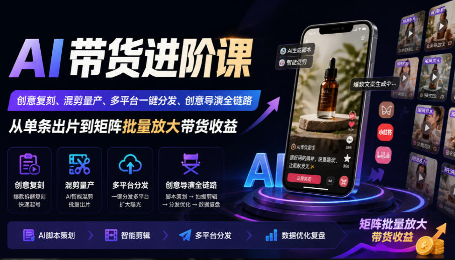 AI带货进阶课｜创意复刻、混剪量产、多平台一键分发、创意导演全链路，从单条出片到矩阵批量放大带货收益-985网创