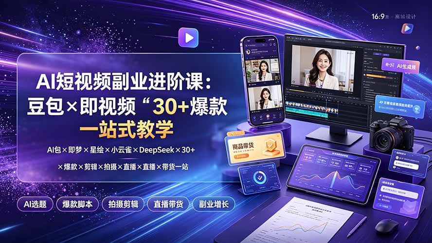 （19458期）AI短视频副业进阶课：豆包×即梦×星绘×小云雀×DeepSeek×30+爆款×剪辑×拍摄×直播×带货一站式教学-985网创