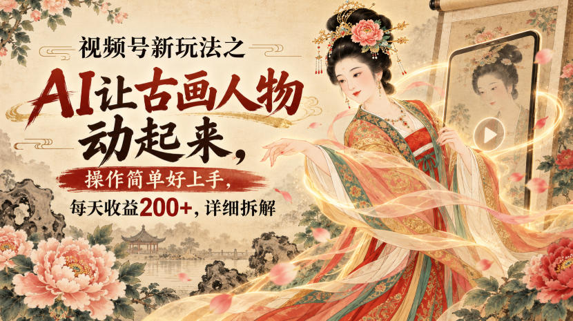 视频号新玩法之AI让古画人物动起来，操作简单好上手，每天收益200+，详细拆解-985网创